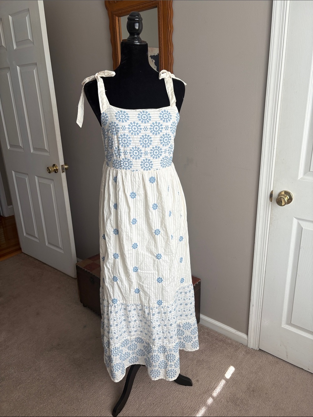 American Eagle Outfitters White Maxi Dress with Light Blue Floral Embroidery